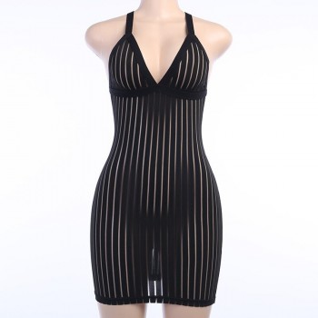  Fashion Women Solid Mesh Perspective Sleeveless Halter Mini Dress Party Club 